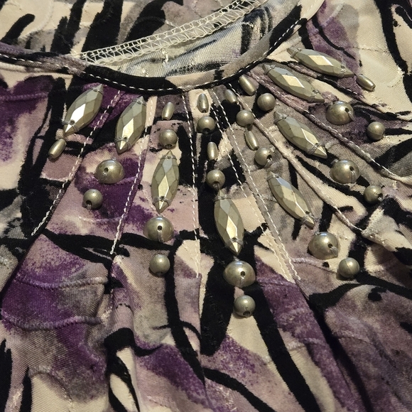 Alfred Dunner Top Purple Beaded Floral 3/4 Sleeve Blouse Stretch Women's L - Picture 6 of 12
